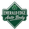 Logo for Emerald Edge Auto Body featuring a white shamrock icon above the business name on a dark green diamond emblem.