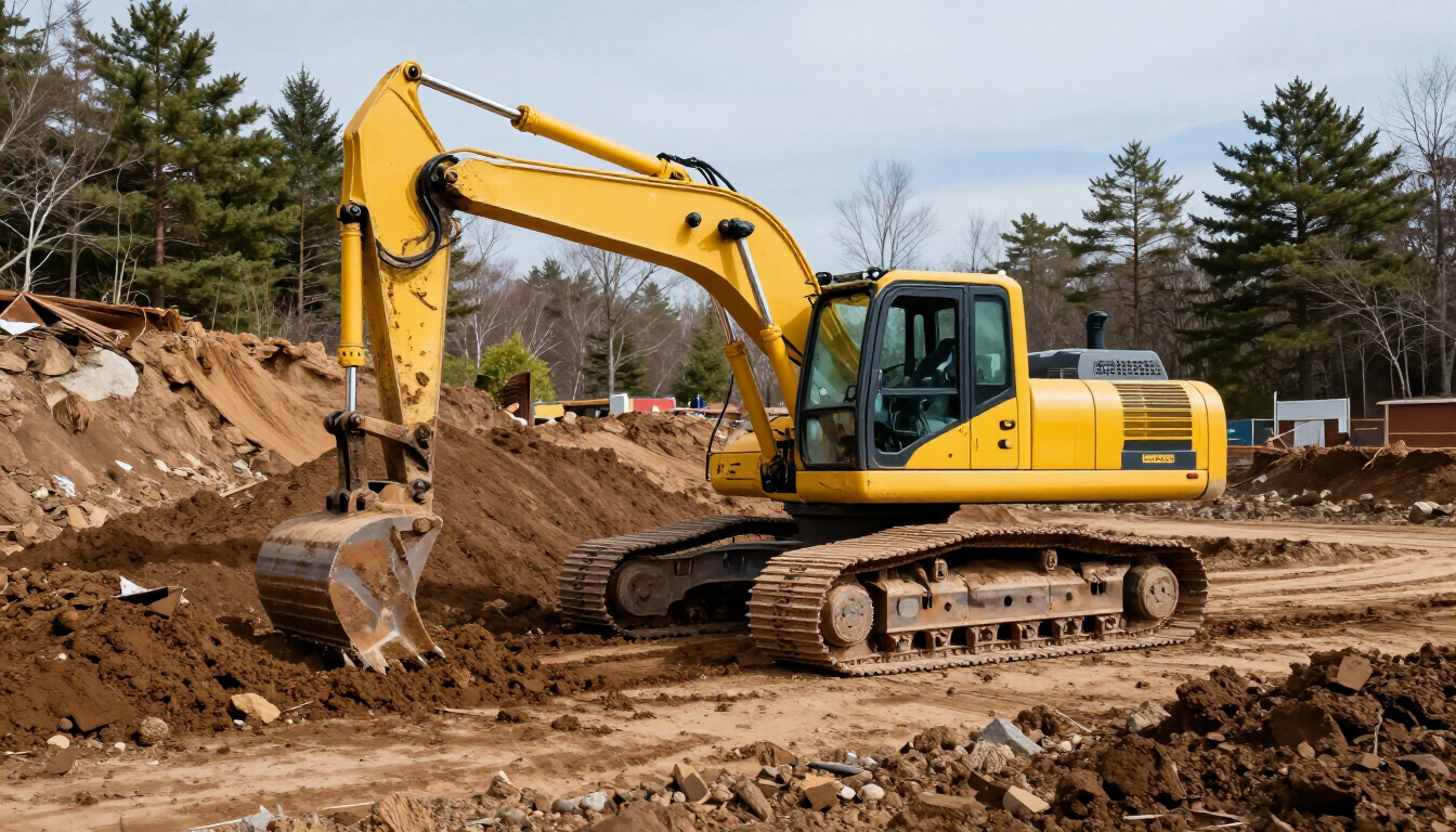 A yellow excavator rests on a dirt construction site against a backdrop of trees under a clear blue sky.