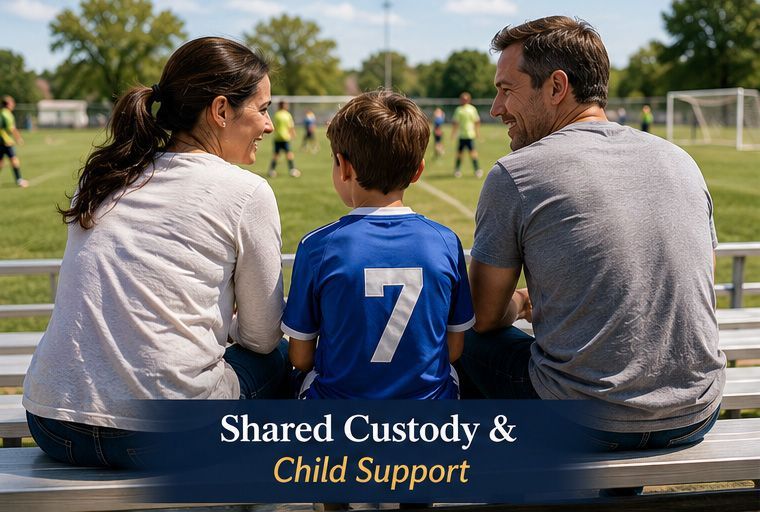 Parents supporting their child together while discussing shared custody and child support