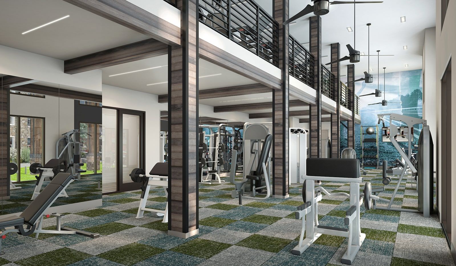 Interior of a modern community gym with cardio and strength machines, wood-beam accents, and a mezzanine railing.