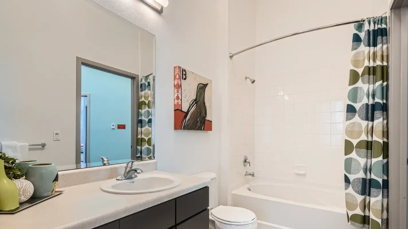 Bathroom in an apartment with vanity, mirror, toilet, and a bathtub/shower with a curved rod.