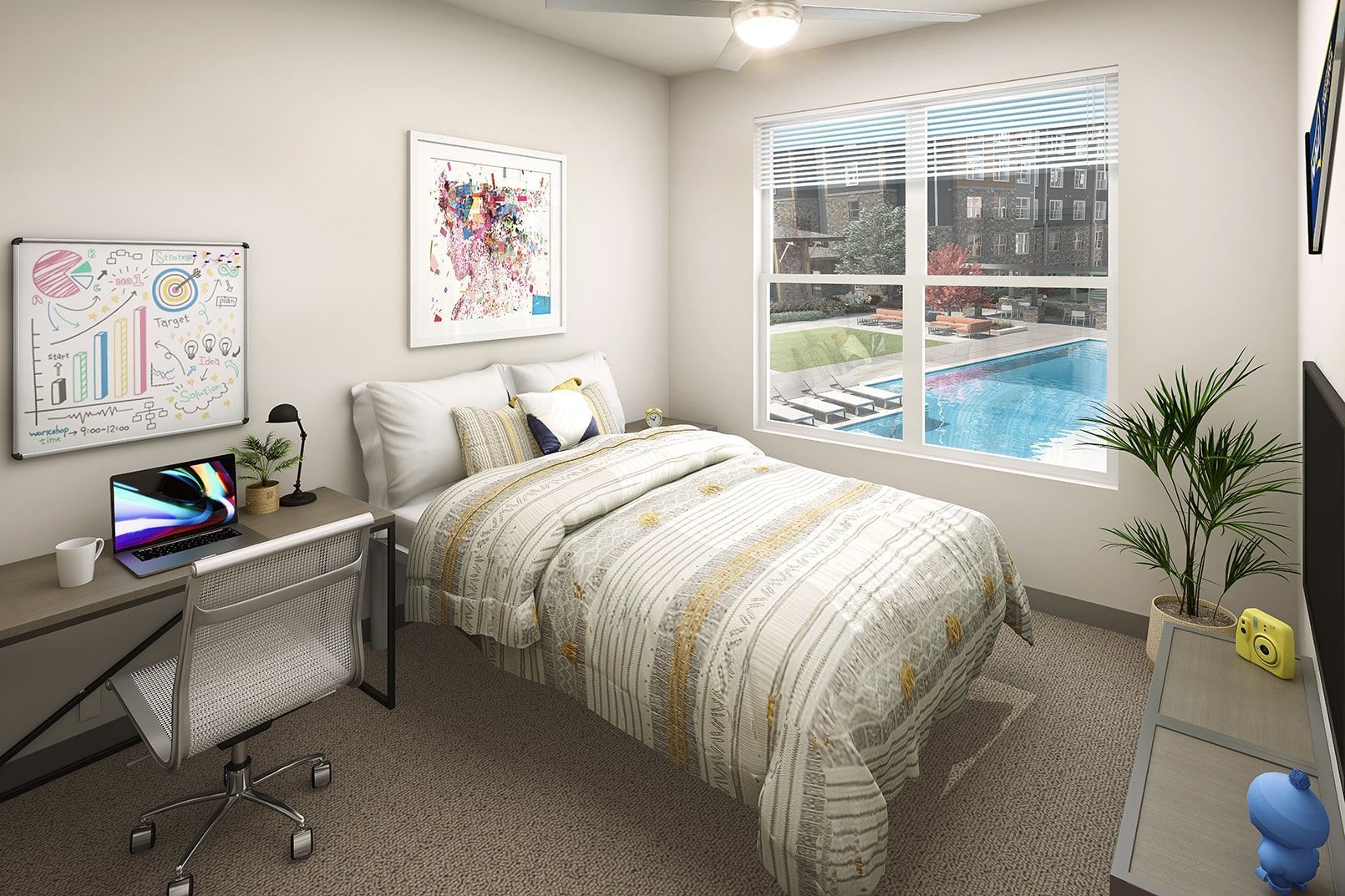 Bedroom in a modern apartment with a bed, desk, and large window overlooking a pool.