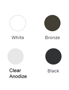 Color options: white, bronze, clear anodize, and black circles.