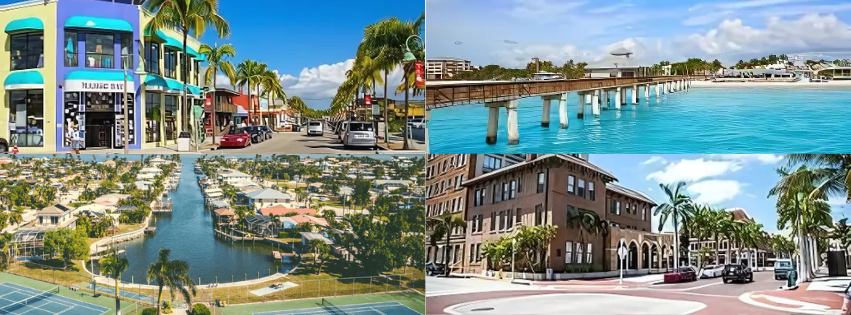 Scenes of buildings, streets, a pier, and canals in a tropical setting.