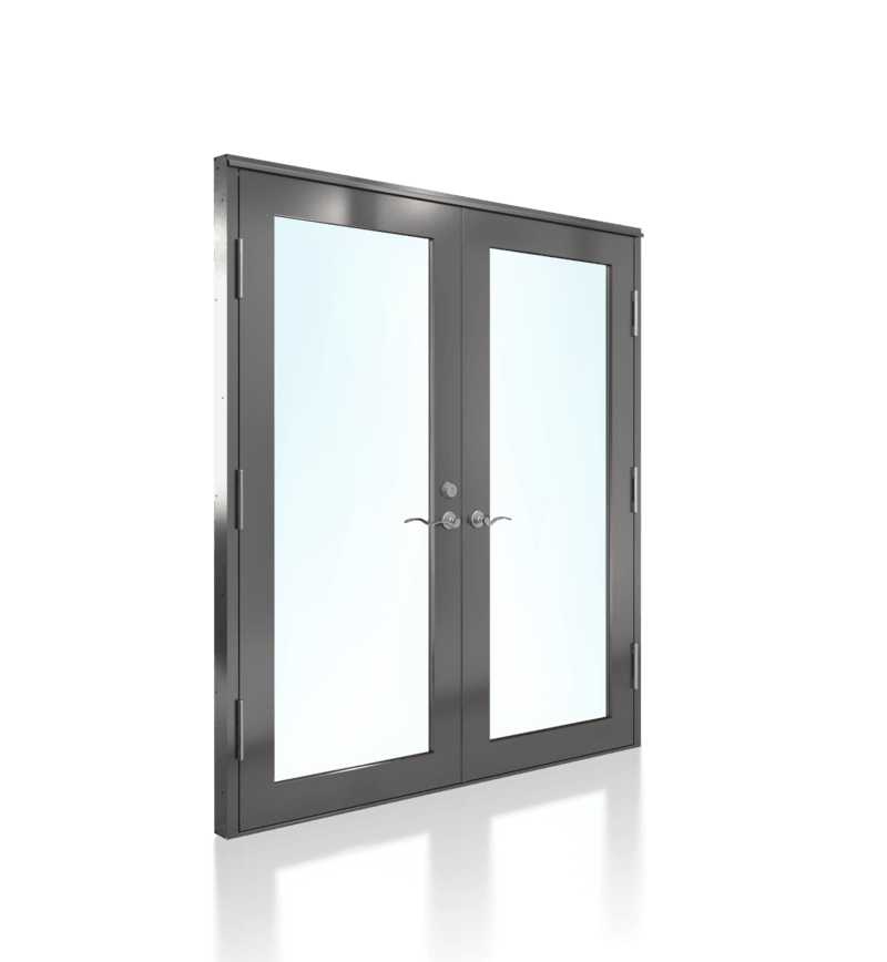 Double French doors with glass panels, stainless steel frame, set against a white background.