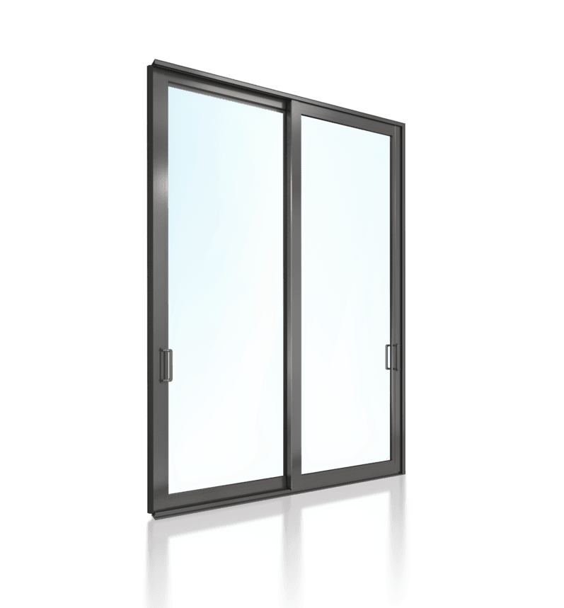 Gray sliding glass door with two panels, white background.