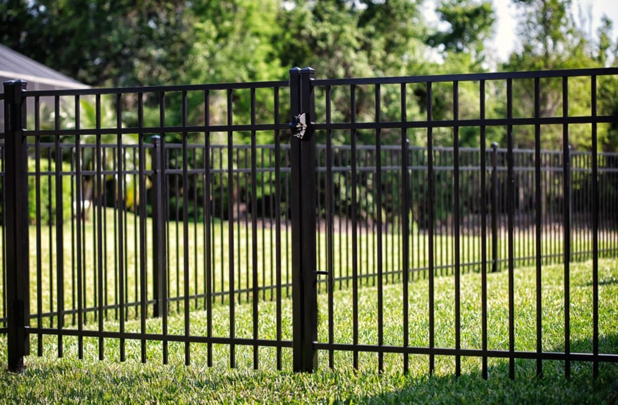 A Black Metal Fence Surrounds A Lush Green Yard — Rockhampton Powdercoating & Fence Panels in Park Avenue, QLD