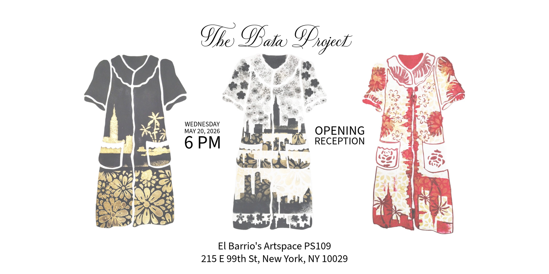 Fashion ad showing three patterned dresses, with “6 PM” and “Opening Monday” text.