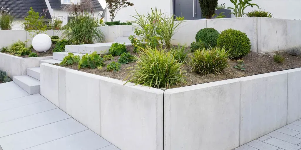 A concrete wall with plants and stairs in front of a house.