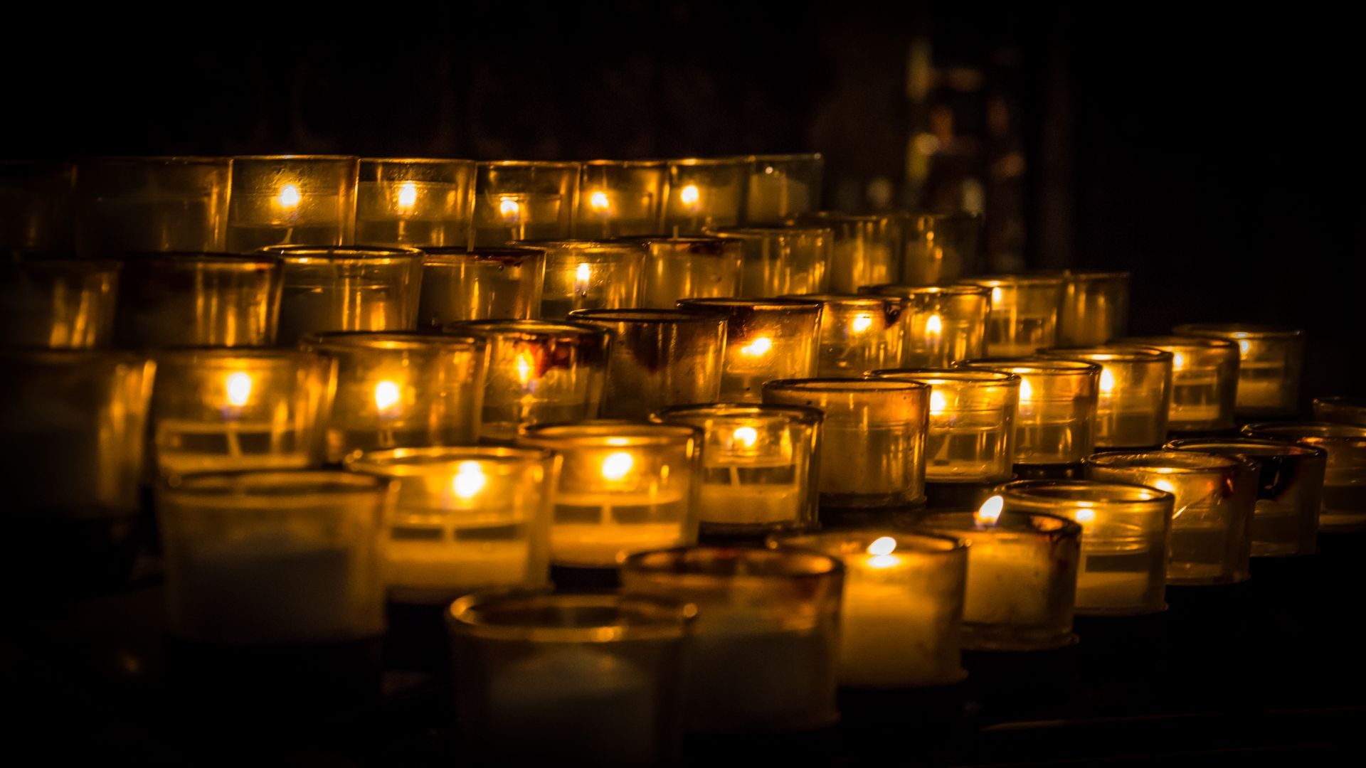 Rows of lit votive candles in glass holders, glowing warmly in a dark setting.