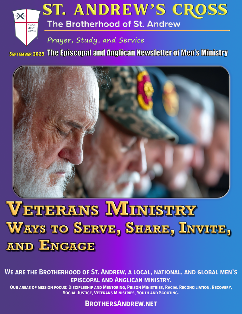 Flyer for St. Andrew's Cross, Veterans Ministry. Men in profile, blue and purple gradient, text about serving, sharing, and engaging.
