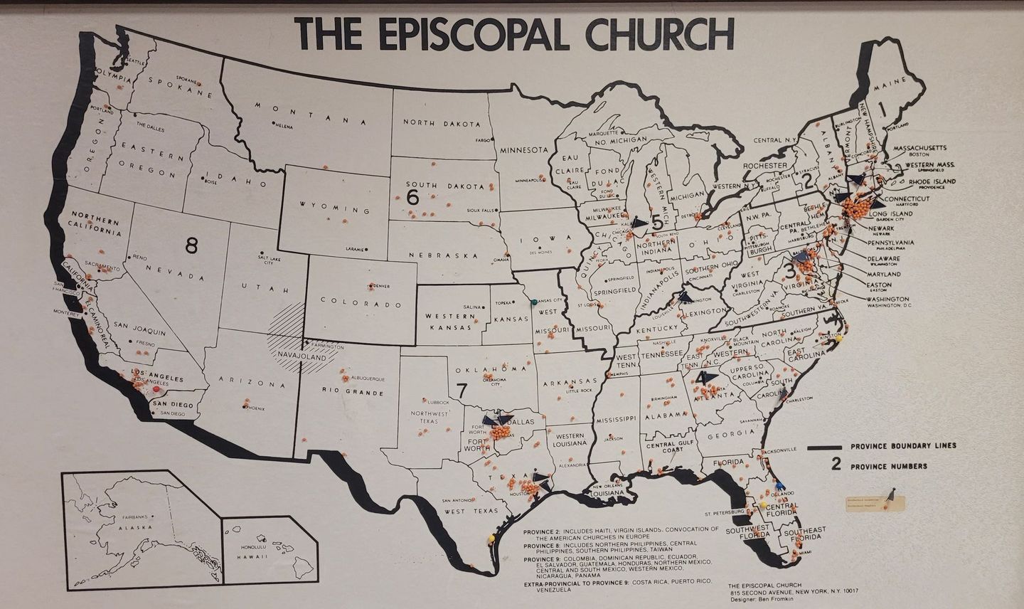 Map of the United States highlighting locations of the Episcopal Church. Brown dots show church locations.