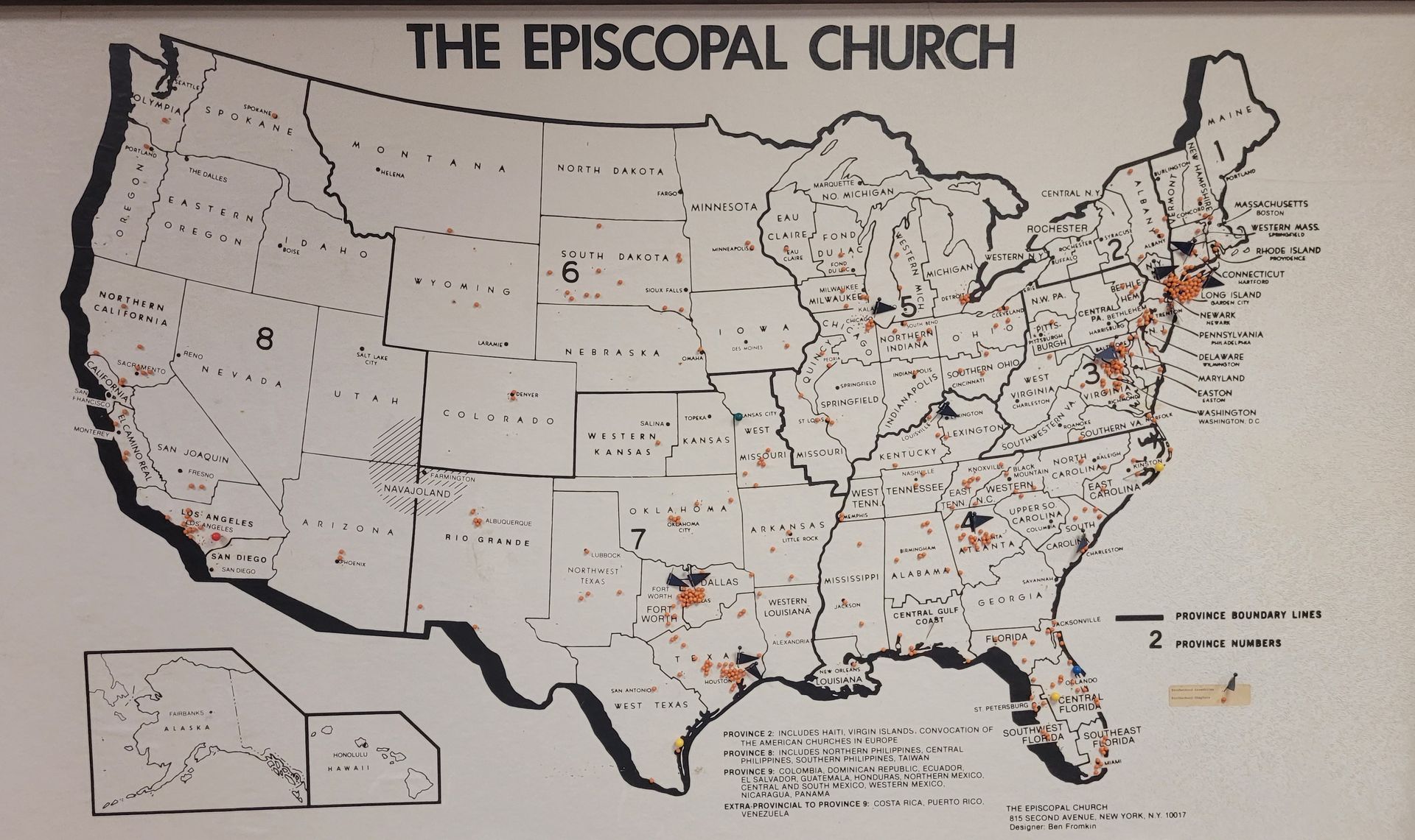 Map of the United States highlighting locations of the Episcopal Church. Brown dots show church locations.