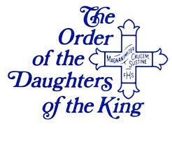 Logo for the Daughters of the King, featuring a cross and text in blue.