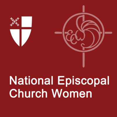 Logo for National Episcopal Church Women: shield, cross, and circular emblem on red background.
