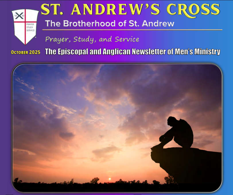 St. Andrew's Cross newsletter: Silhouette of a person on a cliff, sunset sky, text overlay.
