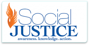 Logo for Social Justice with flame-like illustration in orange and text in blue: 