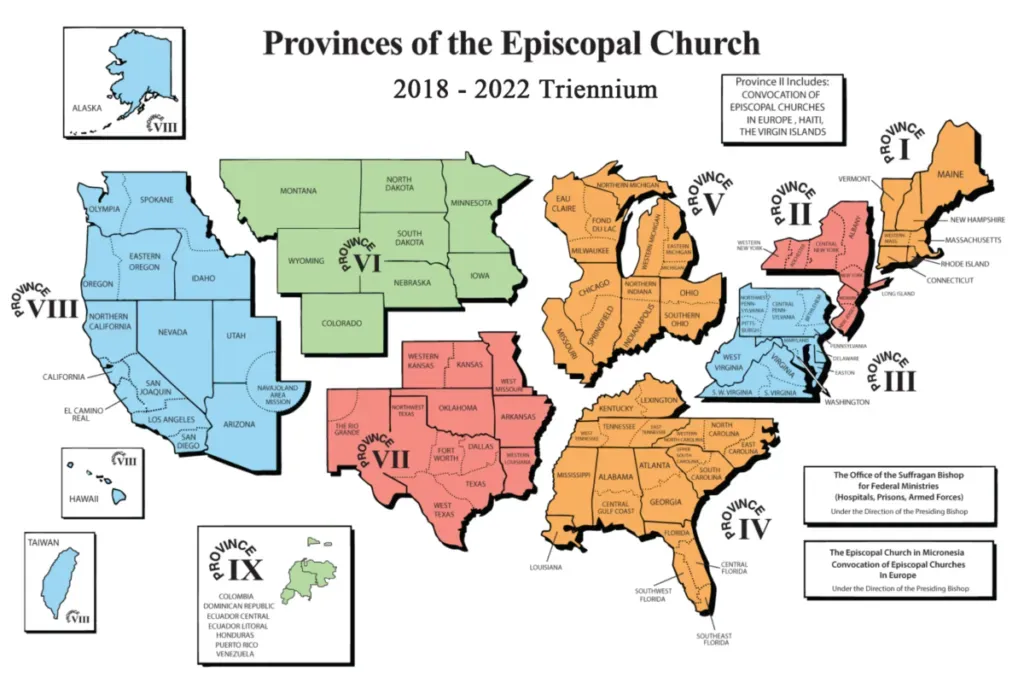Map showing the nine Provinces of the Episcopal Church in the US, 2018-2022, with states color-coded by province.