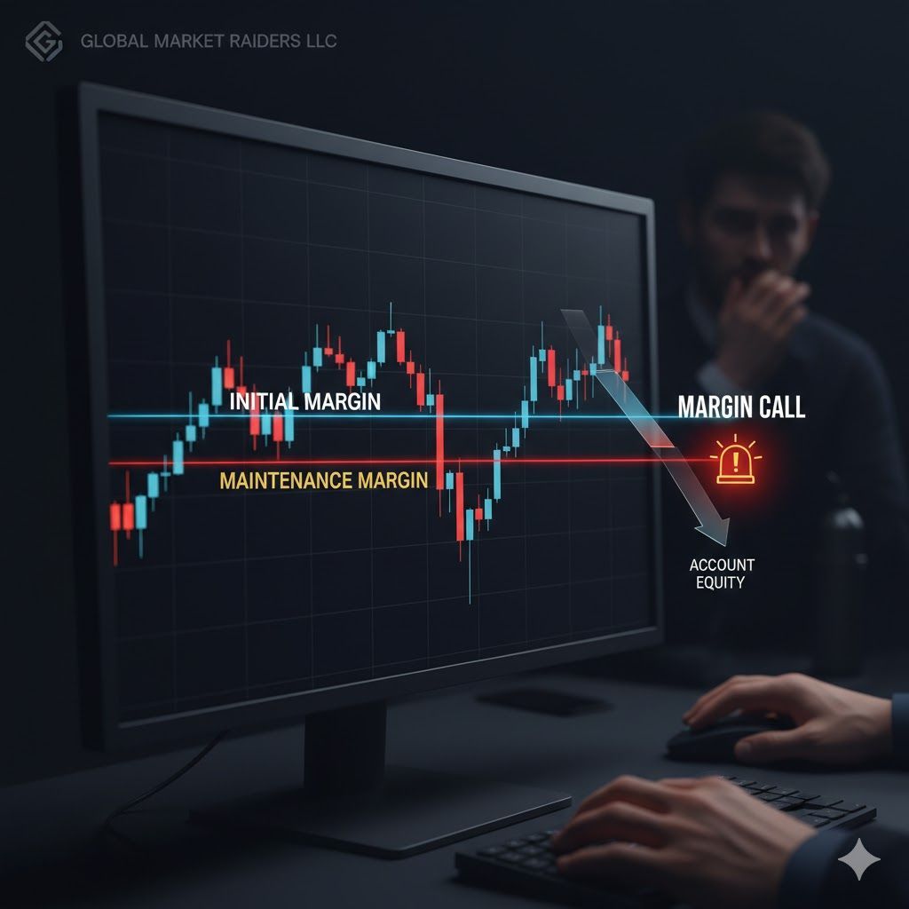 Chart showing Initial Margin, Maintenance Margin, and a Margin Call alert for futures trading.
