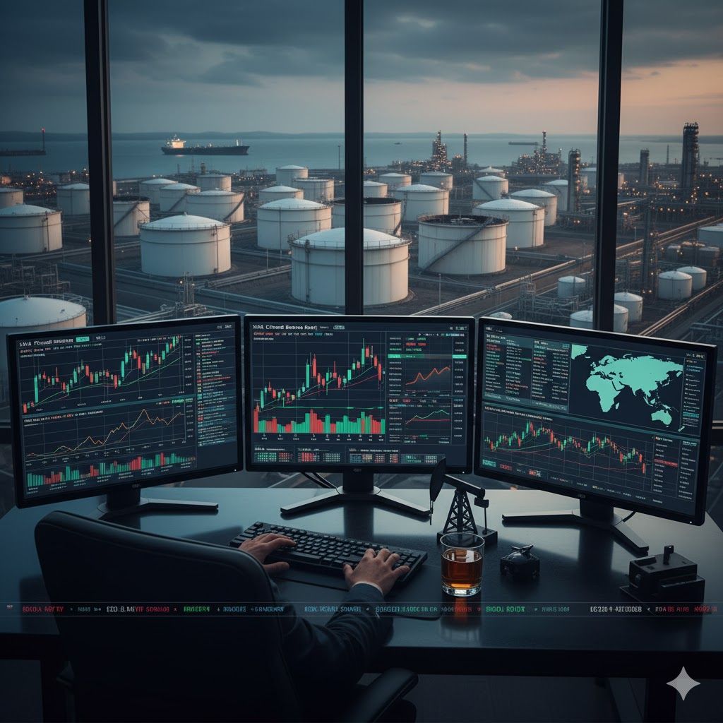 WTI Crude Oil futures charts on a screen with an oil refinery and global map in the background.