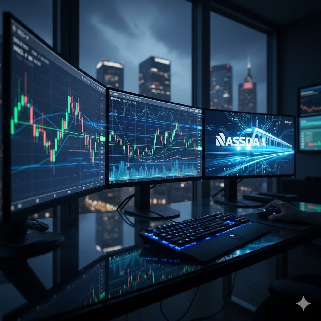 Systematic day trading setup showing screens with NASDAQ NQ futures charts and a high-tech graphic.