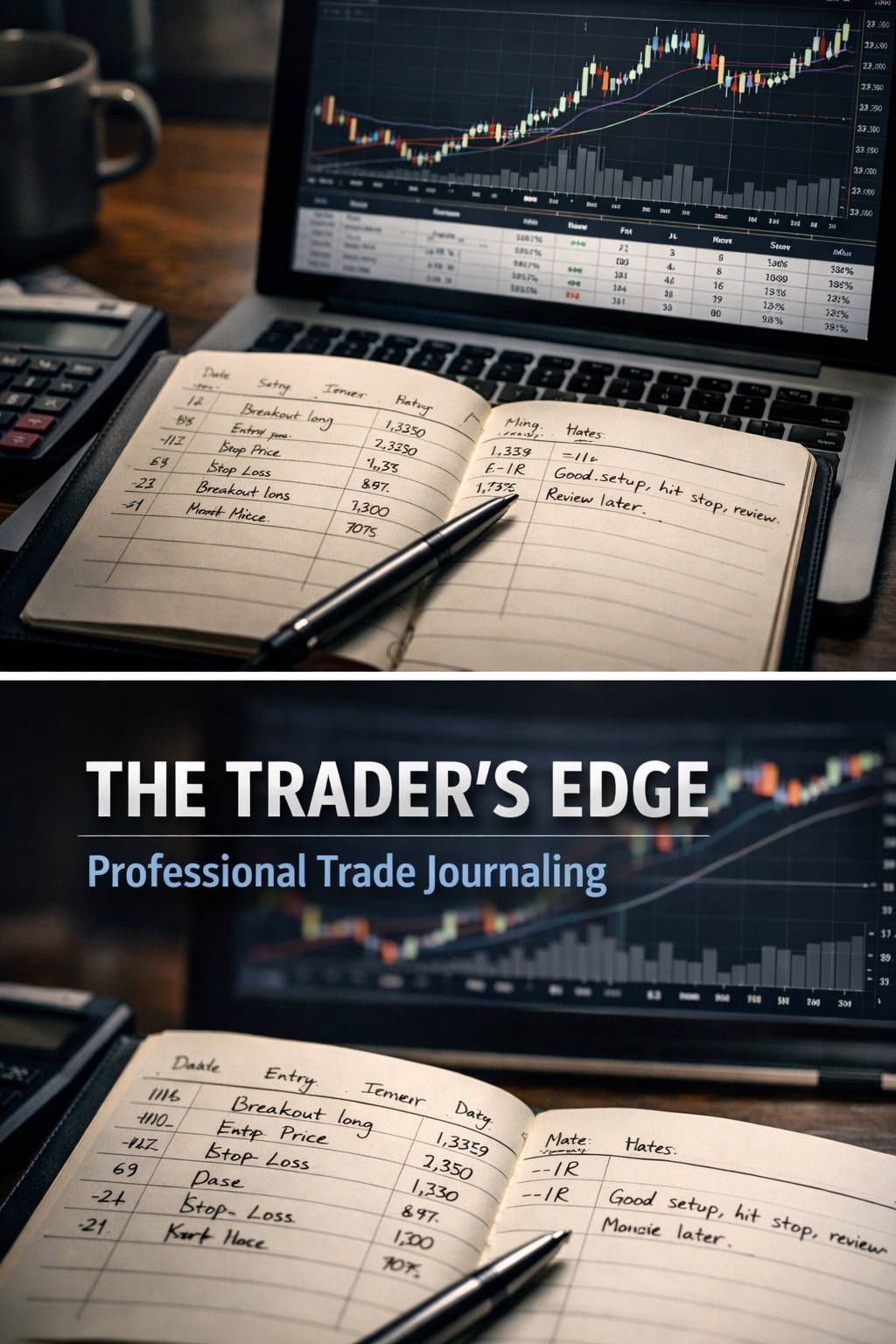 Professional trade journal open beside a laptop chart for tracking execution and performance