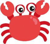 Red cartoon crab with large claws and wide eyes.