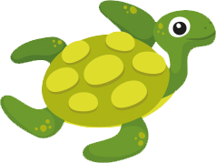 Green cartoon sea turtle swimming, yellow shell details.
