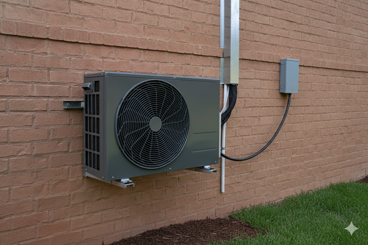 Gray air conditioning unit mounted on a red brick wall, next to a metal conduit and electrical box.