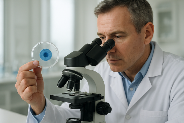 Scientist in lab coat looks through a microscope, holding a petri dish with blue-stained sample.