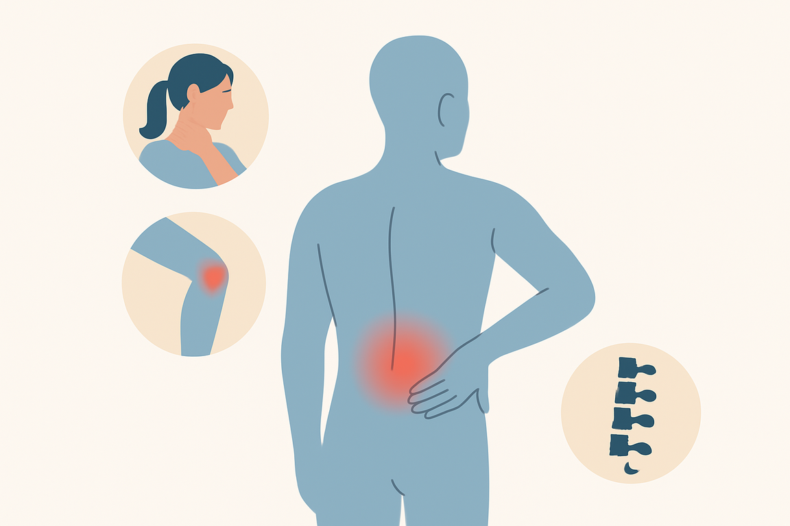 Person experiencing back pain, shown with pain icons for knee, neck, and spine.