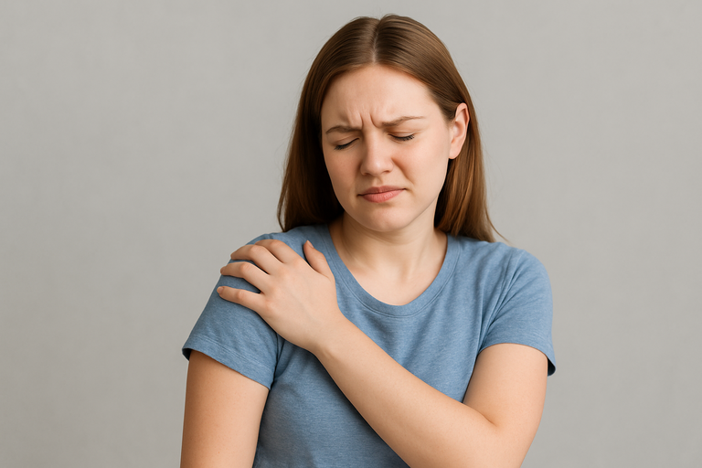 Woman holding her shoulder, looking pained. She wears a blue shirt and has brown hair against a gray background.