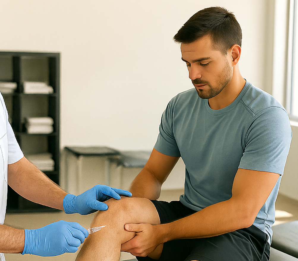 Person receiving a knee injection in a medical setting. Doctor in blue gloves injecting the patient's knee.