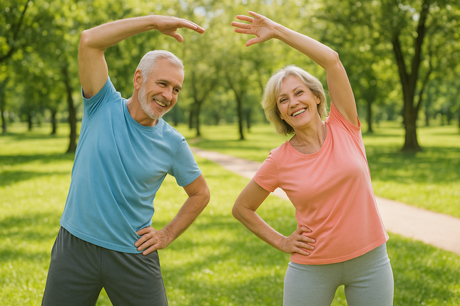 Couple stretching outdoors, smiling. Man in blue shirt, woman in pink. Green park background.