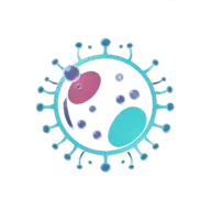 A stylized virus with a blue and teal outer layer, pink and blue inner structures, and blue spikes.