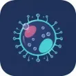 Cartoon of a virus with teal spikes and blue background. Pink and teal shapes within the center, with bubbles.