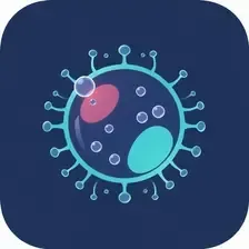 Cartoon of a virus with teal spikes and blue background. Pink and teal shapes within the center, with bubbles.