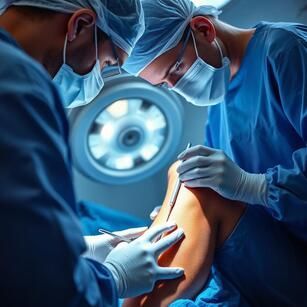 Medical office with examination table, desk, and skeleton illustration.