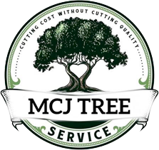 a logo for a MCJ tree service with a tree in the middle of a circle