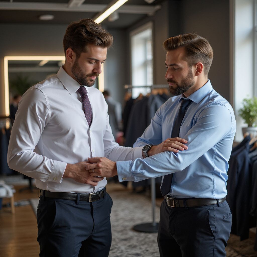 Two men in shirts and ties, one being fitted for a shirt. Shop setting.