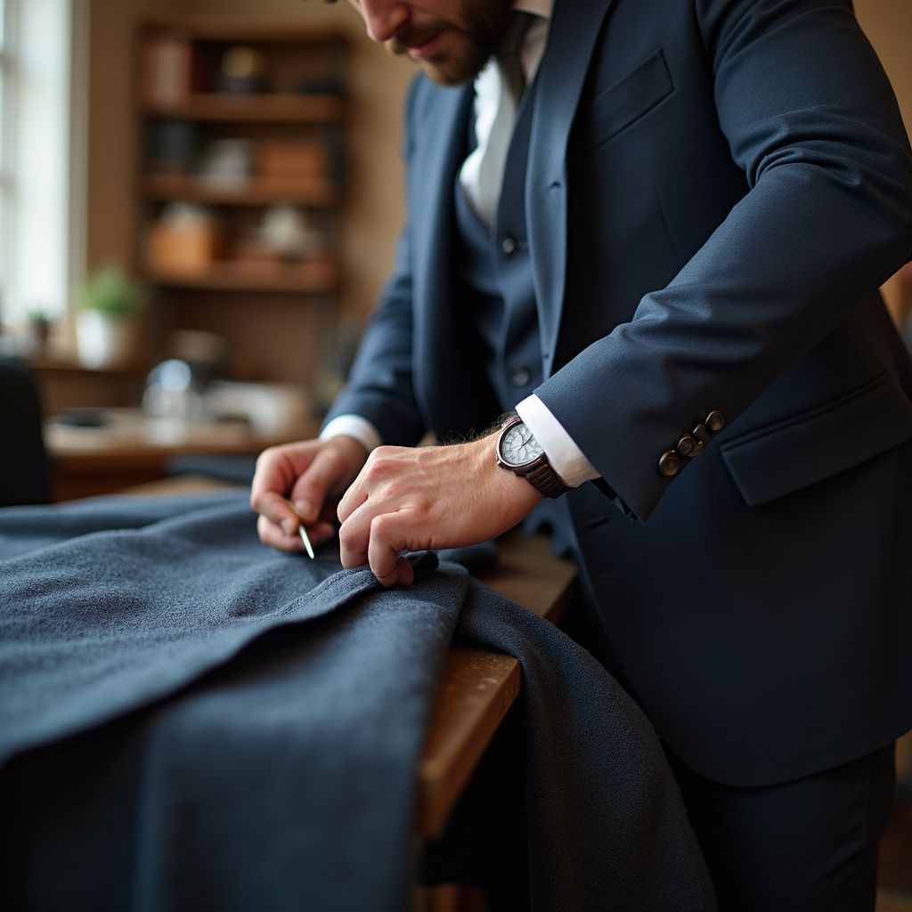A tailor in a navy suit sews fabric on a wooden table.
