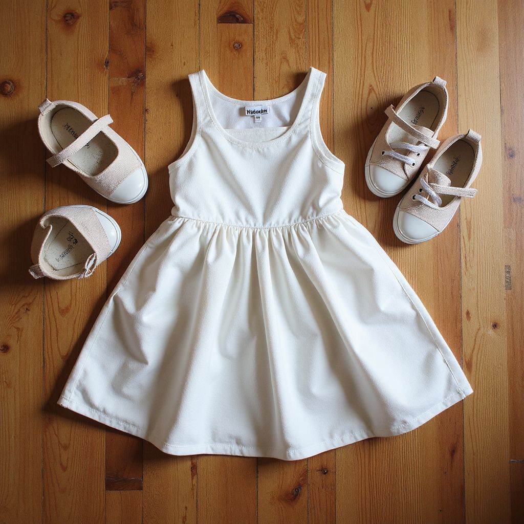 White dress with matching shoes on a wooden floor.