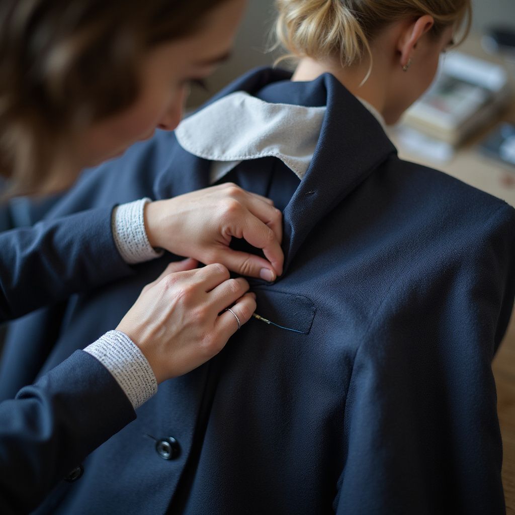 Person pinning a lapel on a blue jacket, close up view. A white collar is visible.