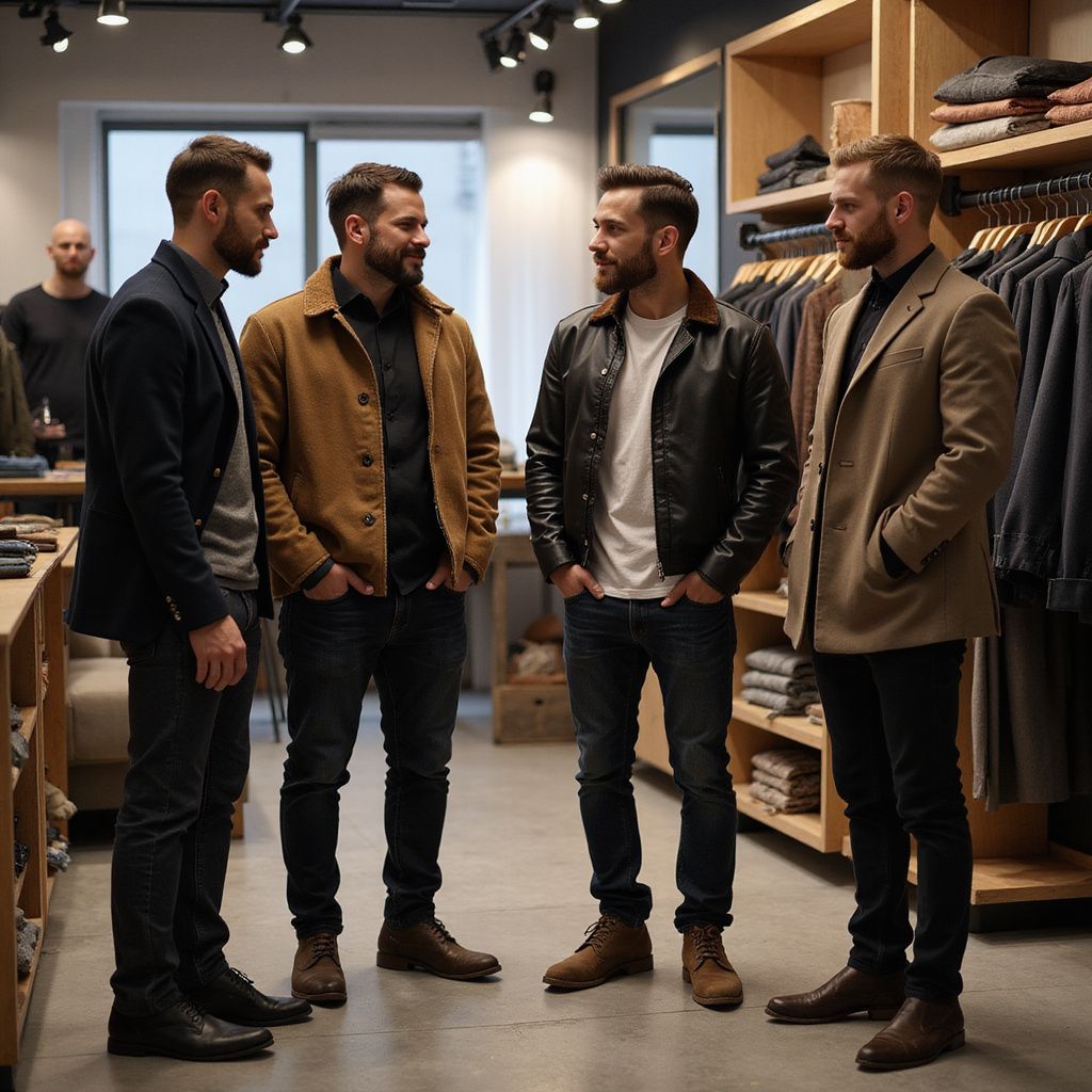 Four men in a clothing store, dressed in jackets and jeans, conversing.