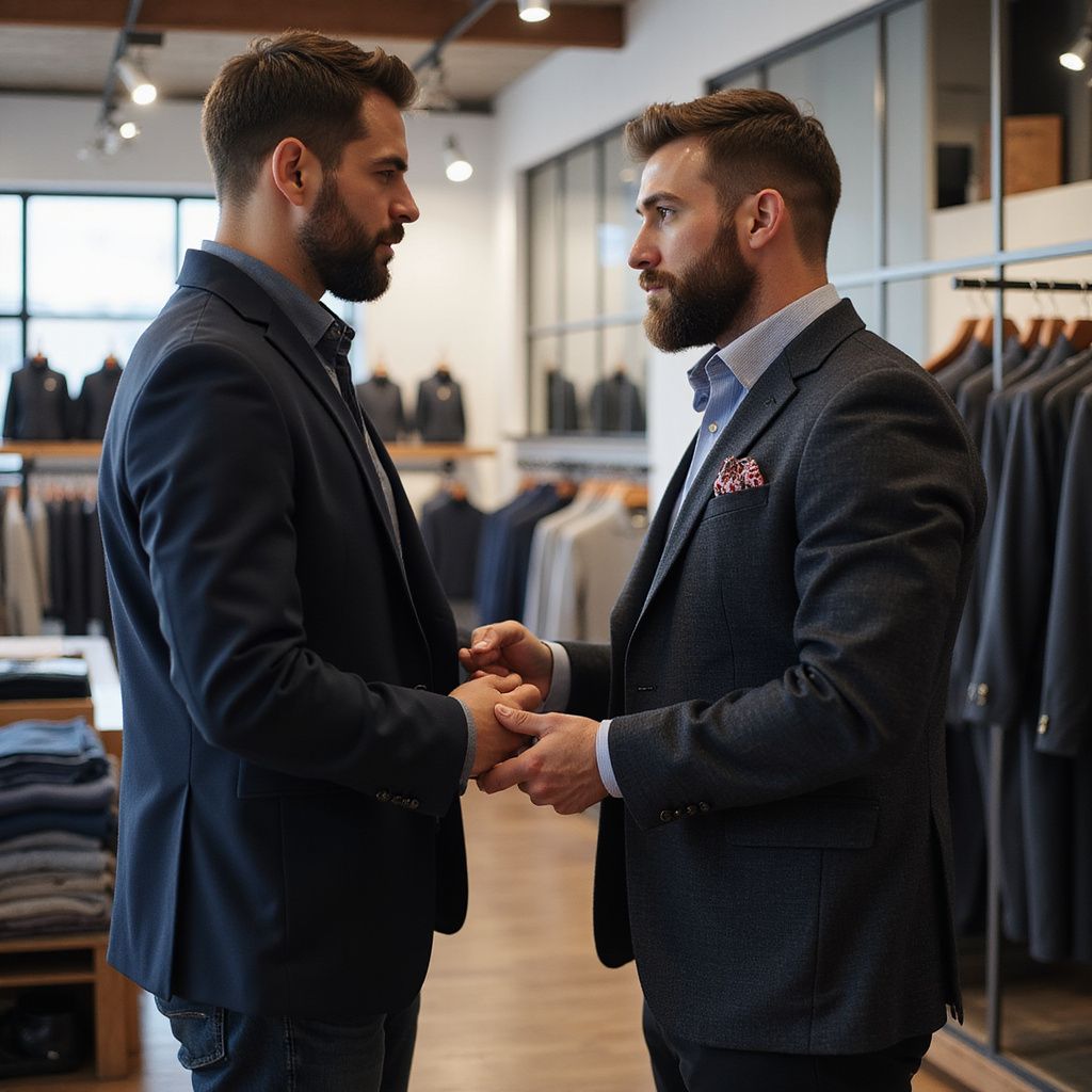 Two men in suits shake hands in a clothing store, facing each other.