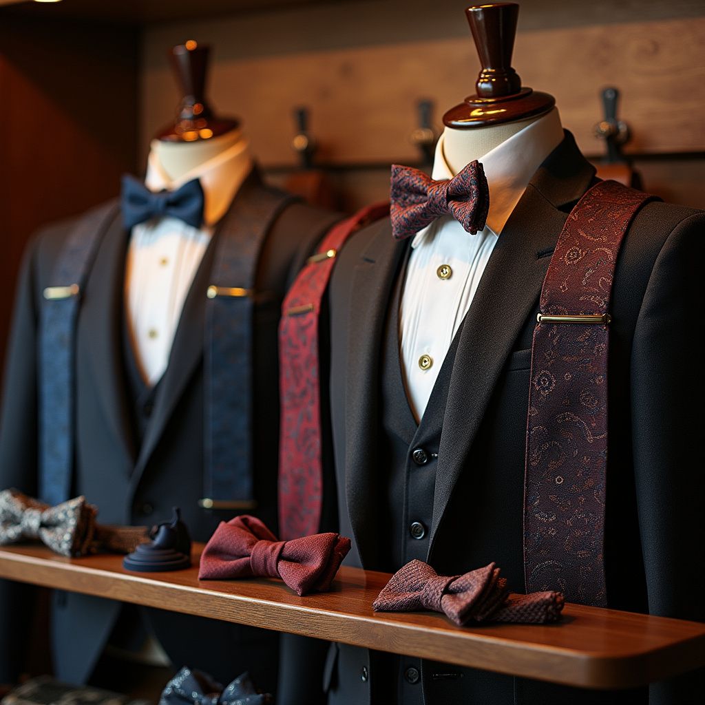 Formal menswear display with suits, bow ties, and suspenders on mannequins.