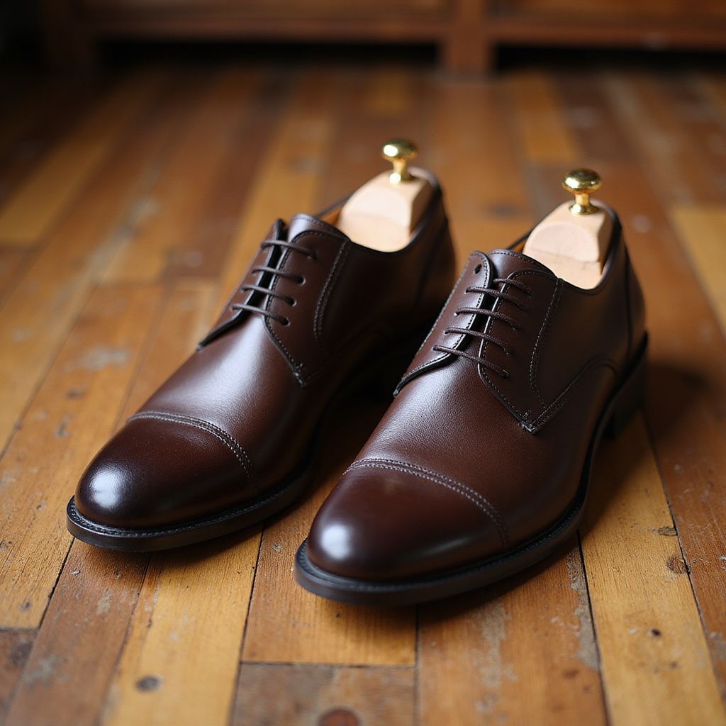 Brown leather cap-toe dress shoes on wooden floor with shoe trees inserted.