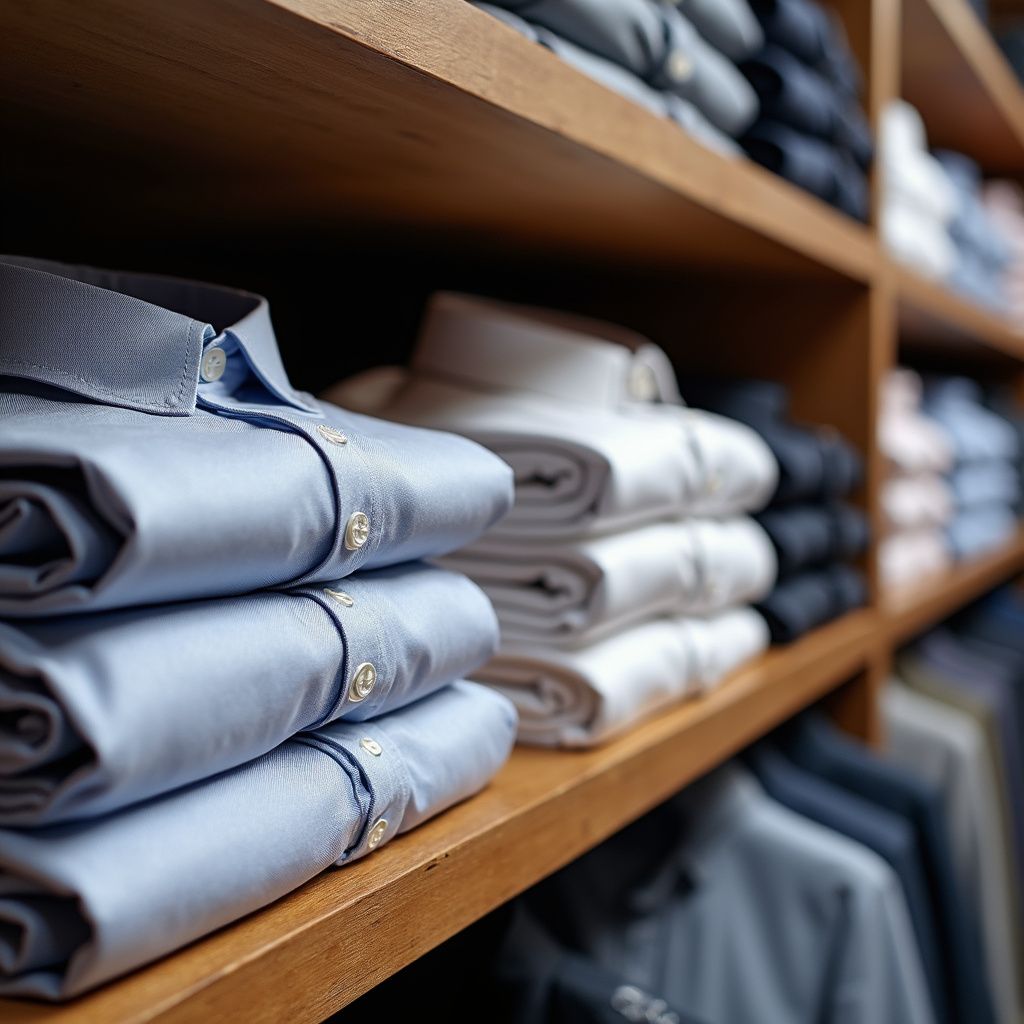 Folded button-down shirts in various colors stacked on wooden shelves in a retail store.