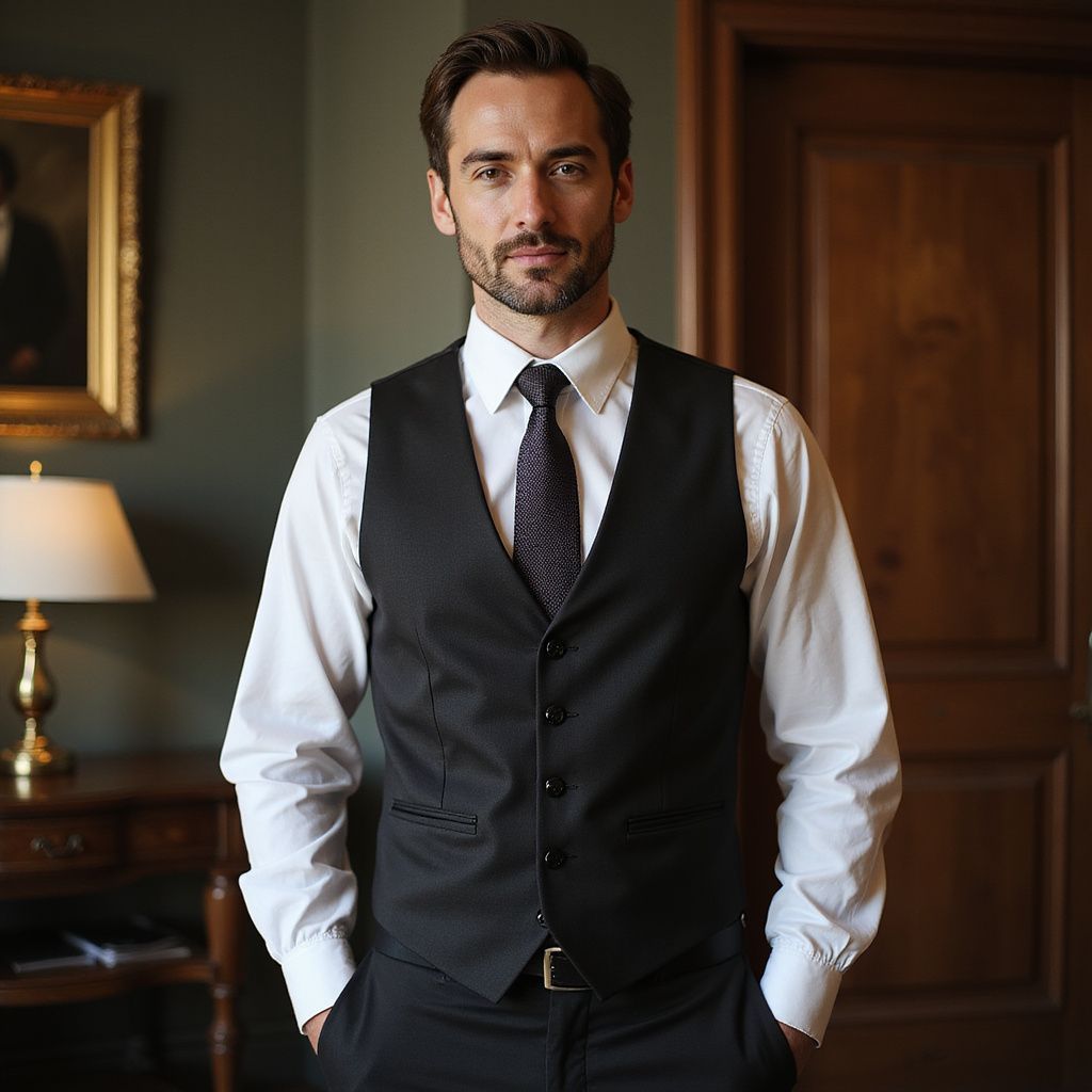 Man in a suit vest and tie, hands in pockets, standing in an office.