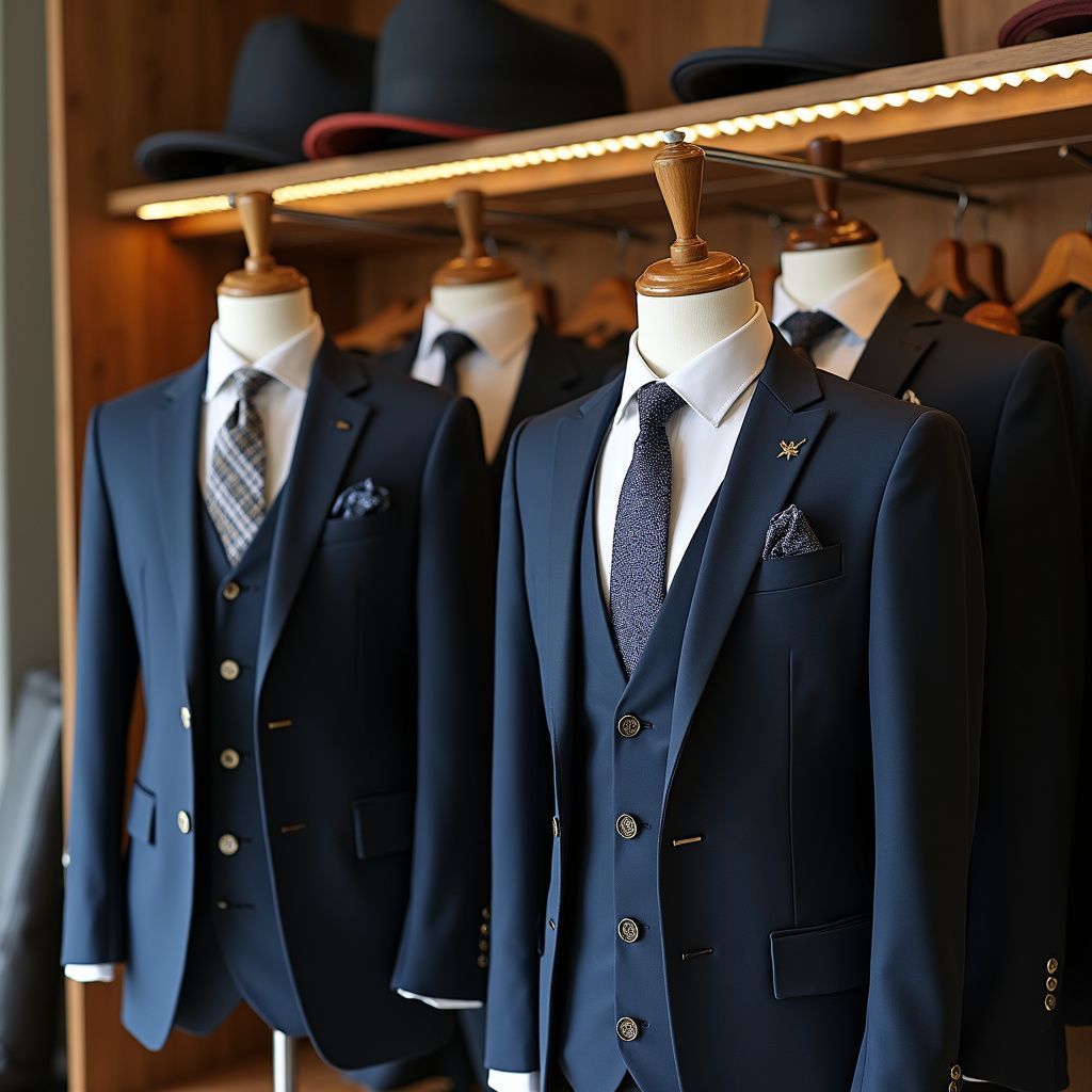 Three navy suits on mannequins in a clothing store, displayed with hats above.